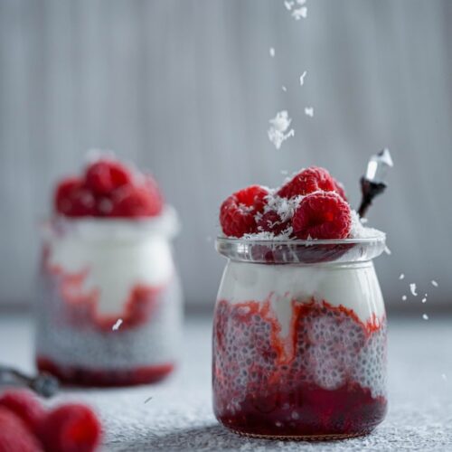 Chia pudding with raspberries and almond milk