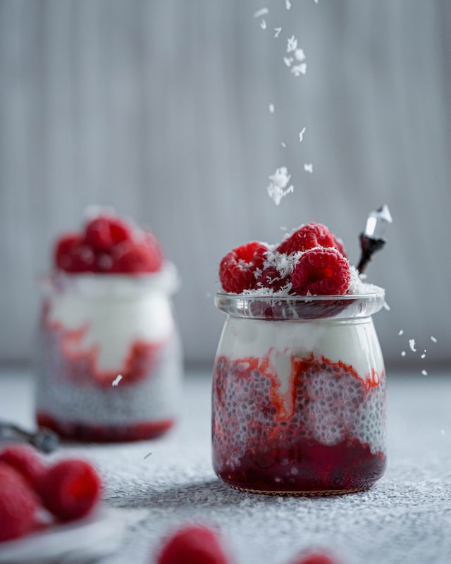 Chia pudding with raspberries and almond milk