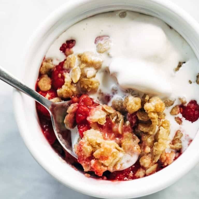 Raspberry crumble in a ramekin.